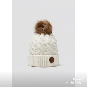 Cozy White Knit Pom-Pom Beanie made with upcycled authentic Gucci button
